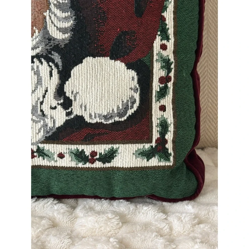 Vintage Christmas Santa Tapestry Throw Pillow With Burgundy‎ Velvet Back 16x18